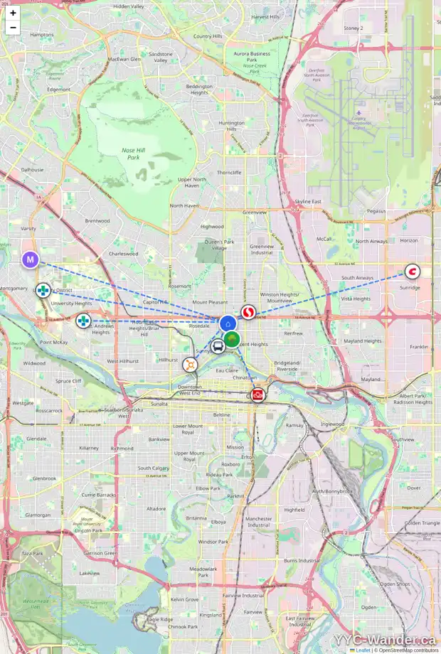 Daily accessibility map for 1511 3 ST NW, Calgary showing nearby schools, grocery stores, parks, LRT stations and nearby amenities