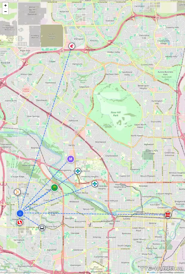 Daily accessibility map for 228 ASPEN SUMMIT HE SW, Calgary showing nearby schools, grocery stores, parks, LRT stations and nearby amenities