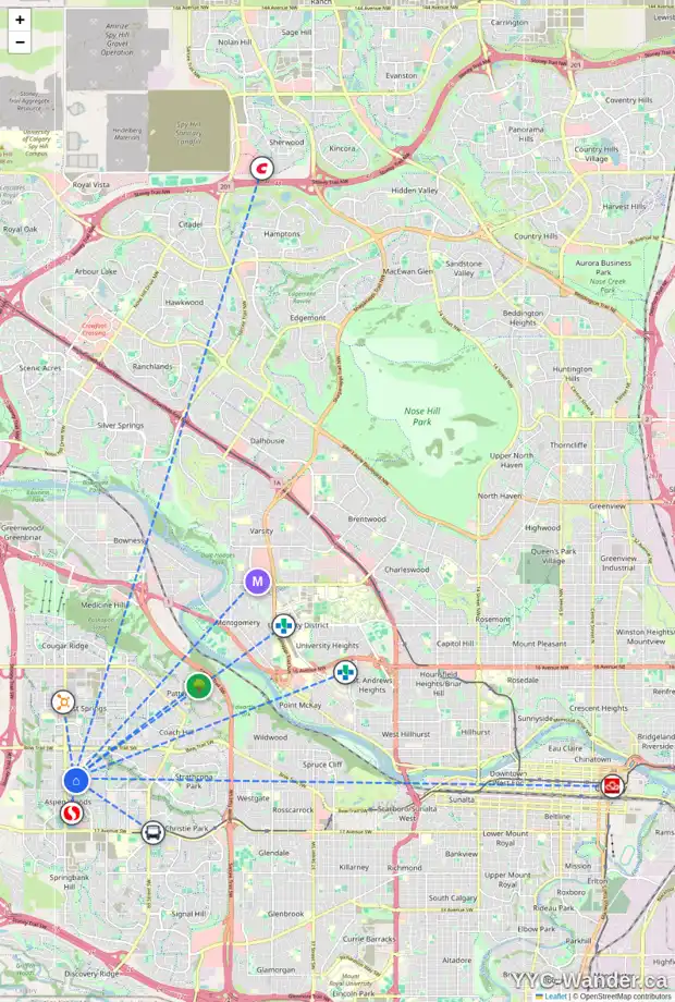 Daily accessibility map for 216 ASPEN SUMMIT HE SW, Calgary showing nearby schools, grocery stores, parks, LRT stations and nearby amenities