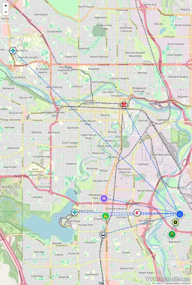 Daily accessibility map for 2104 71 AV SE, Calgary showing nearby schools, grocery stores, parks, LRT stations and nearby amenities