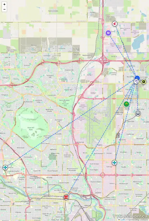 Daily accessibility map for 115 SKYVIEW POINT RD NE, Calgary showing nearby schools, grocery stores, parks, LRT stations and nearby amenities