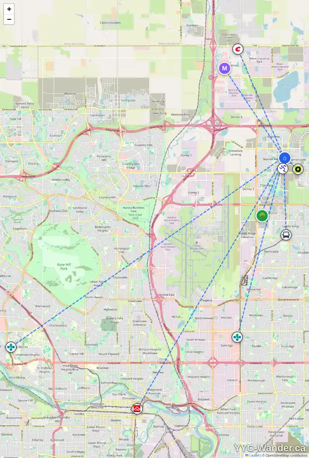 Daily accessibility map for 206 SKYVIEW POINT RD NE, Calgary showing nearby schools, grocery stores, parks, LRT stations and nearby amenities
