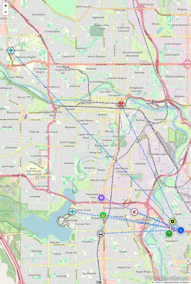 Daily accessibility map for 2104 OLYMPIA DR SE, Calgary showing nearby schools, grocery stores, parks, LRT stations and nearby amenities