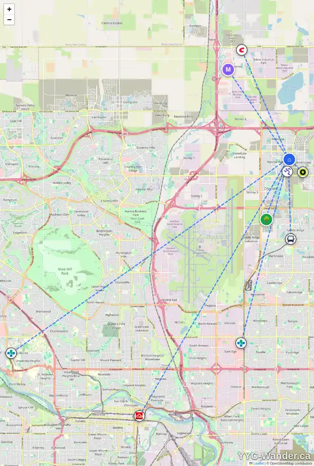 Daily accessibility map for 242 SKYVIEW POINT RD NE, Calgary showing nearby schools, grocery stores, parks, LRT stations and nearby amenities