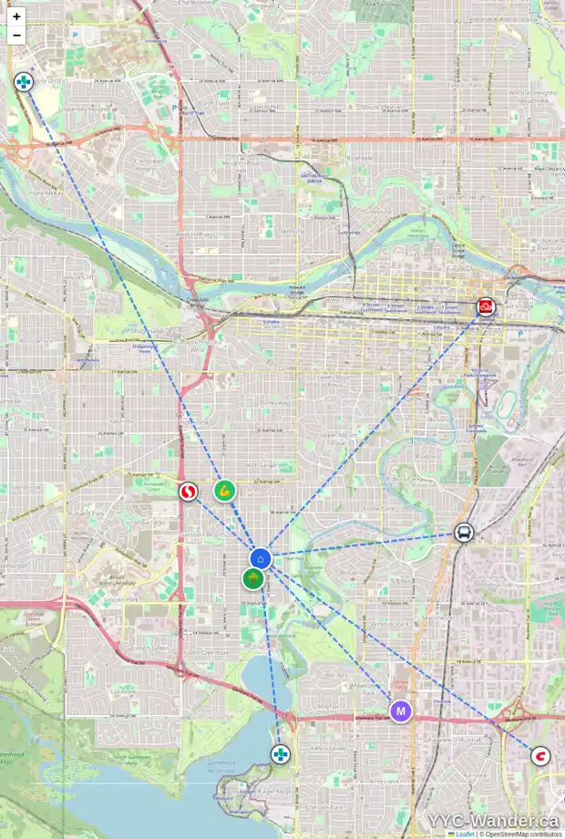 Daily accessibility map for 4421 16A ST SW, Calgary showing nearby schools, grocery stores, parks, LRT stations and nearby amenities