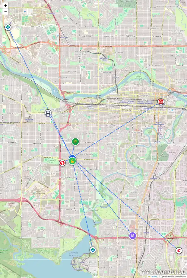 Daily accessibility map for 2123 32 AV SW, Calgary showing nearby schools, grocery stores, parks, LRT stations and nearby amenities