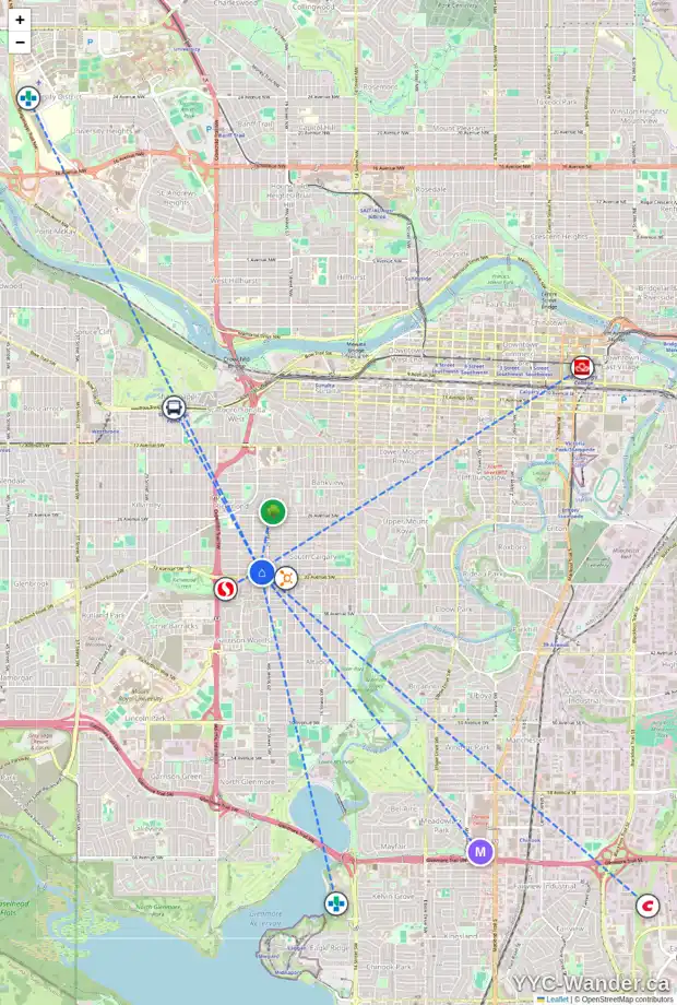Daily accessibility map for 2121 32 AV SW, Calgary showing nearby schools, grocery stores, parks, LRT stations and nearby amenities
