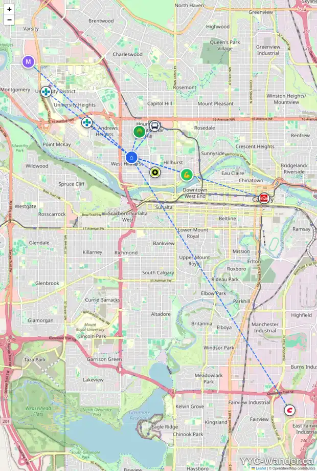 Daily accessibility map for 2309 5 AV NW, Calgary showing nearby schools, grocery stores, parks, LRT stations and nearby amenities
