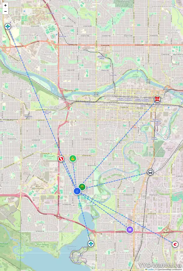 Daily accessibility map for 2009 48 AV SW, Calgary showing nearby schools, grocery stores, parks, LRT stations and nearby amenities