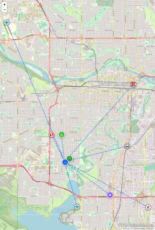 Daily accessibility map for 2011 48 AV SW, Calgary showing nearby schools, grocery stores, parks, LRT stations and nearby amenities
