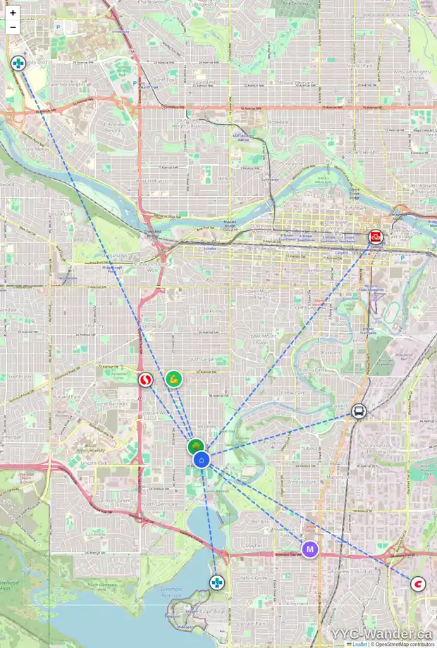 Daily accessibility map for 1734 49 AV SW, Calgary showing nearby schools, grocery stores, parks, LRT stations and nearby amenities