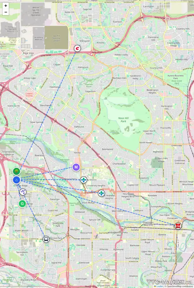 Daily accessibility map for 92 COUGAR RIDGE GR SW, Calgary showing nearby schools, grocery stores, parks, LRT stations and nearby amenities