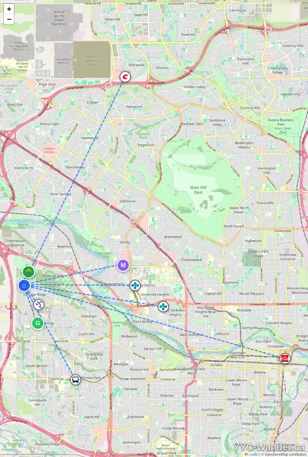 Daily accessibility map for 100 COUGAR RIDGE MR SW, Calgary showing nearby schools, grocery stores, parks, LRT stations and nearby amenities