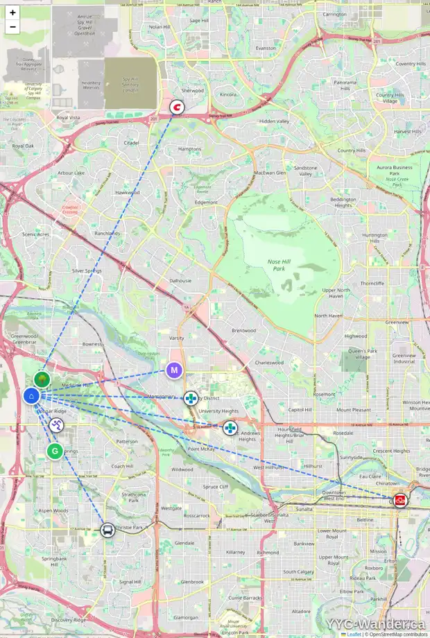 Daily accessibility map for 173 COUGAR RIDGE CL SW, Calgary showing nearby schools, grocery stores, parks, LRT stations and nearby amenities
