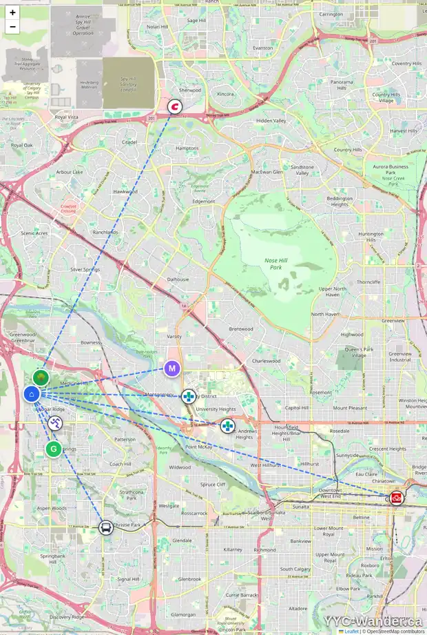 Daily accessibility map for 156 COUGAR RIDGE MR SW, Calgary showing nearby schools, grocery stores, parks, LRT stations and nearby amenities
