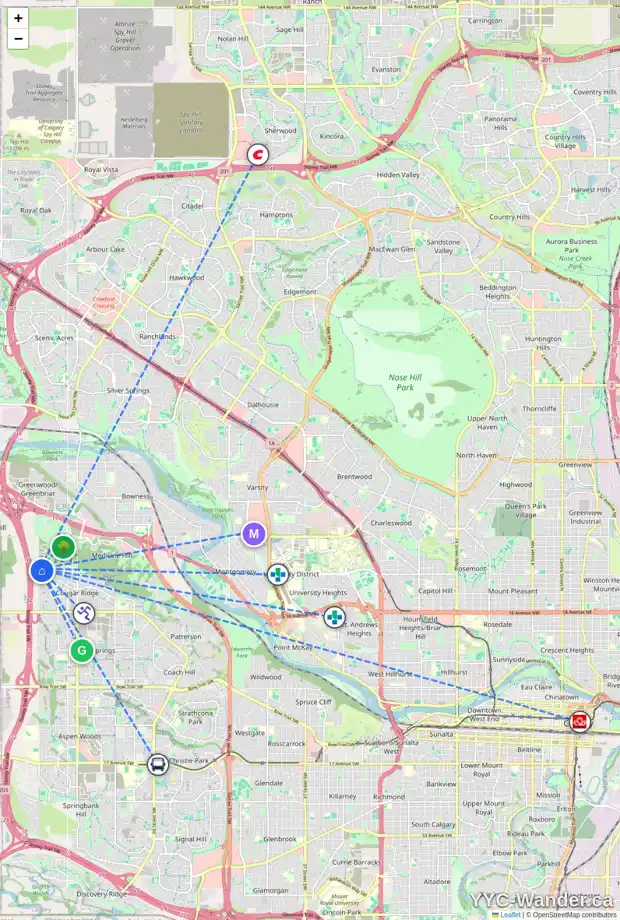 Daily accessibility map for 93 COUGAR RIDGE CL SW, Calgary showing nearby schools, grocery stores, parks, LRT stations and nearby amenities