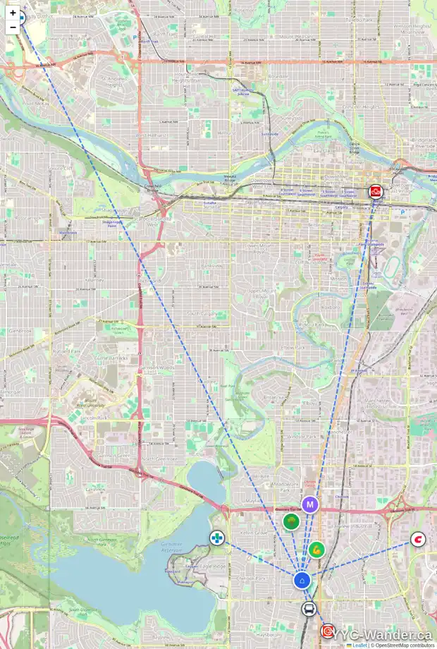 Daily accessibility map for 533 78 AV SW, Calgary showing nearby schools, grocery stores, parks, LRT stations and nearby amenities