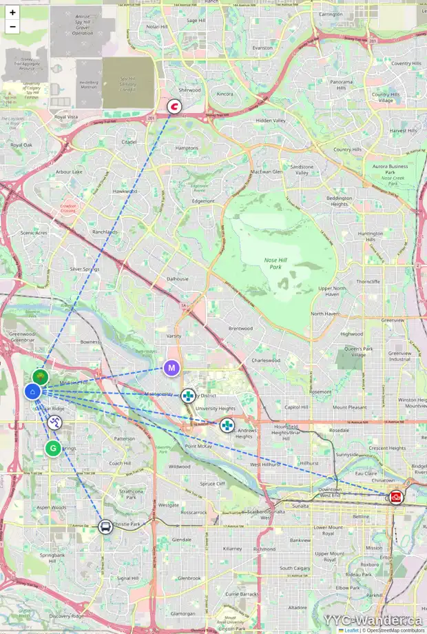 Daily accessibility map for 179 COUGAR RIDGE MR SW, Calgary showing nearby schools, grocery stores, parks, LRT stations and nearby amenities
