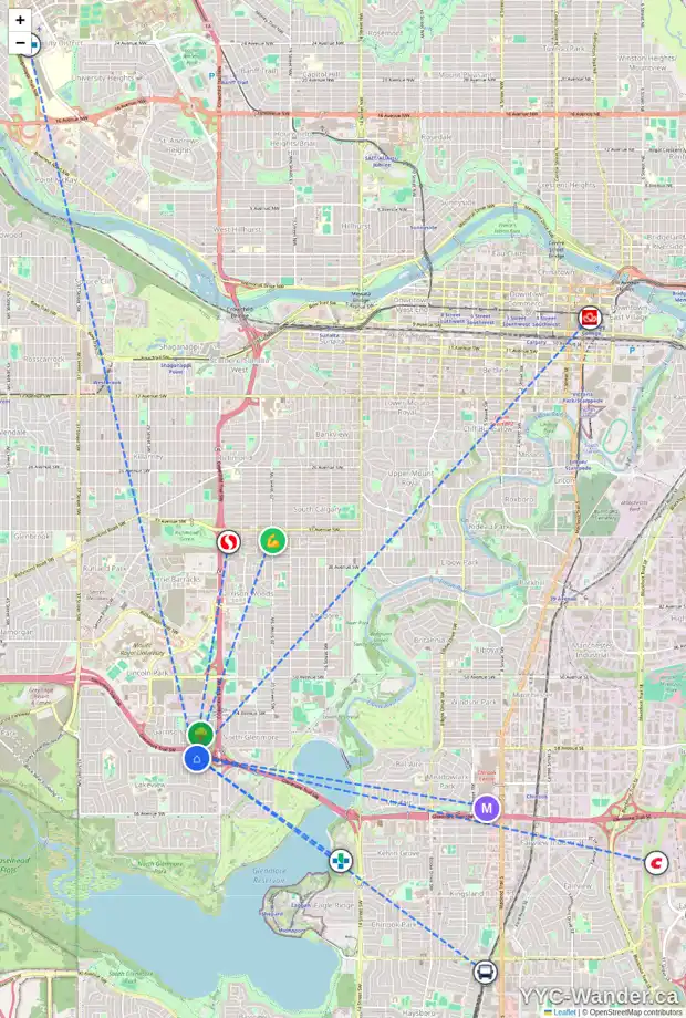 Daily accessibility map for 6012 LACOMBE WY SW, Calgary showing nearby schools, grocery stores, parks, LRT stations and nearby amenities