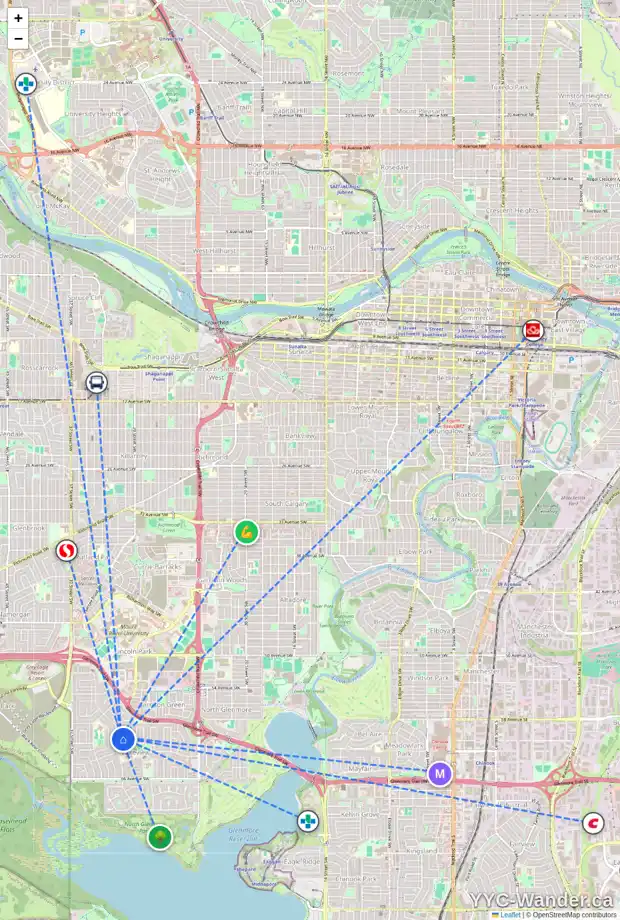 Daily accessibility map for 3452 LANE CR SW, Calgary showing nearby schools, grocery stores, parks, LRT stations and nearby amenities