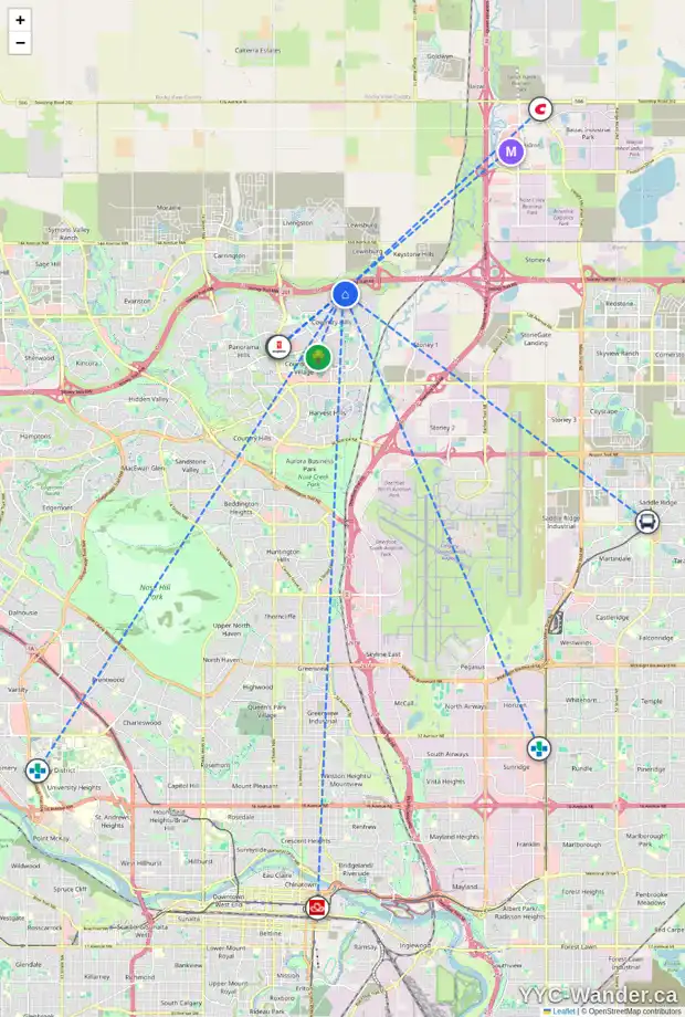 Daily accessibility map for 310 COVECREEK CI NE, Calgary showing nearby schools, grocery stores, parks, LRT stations and nearby amenities
