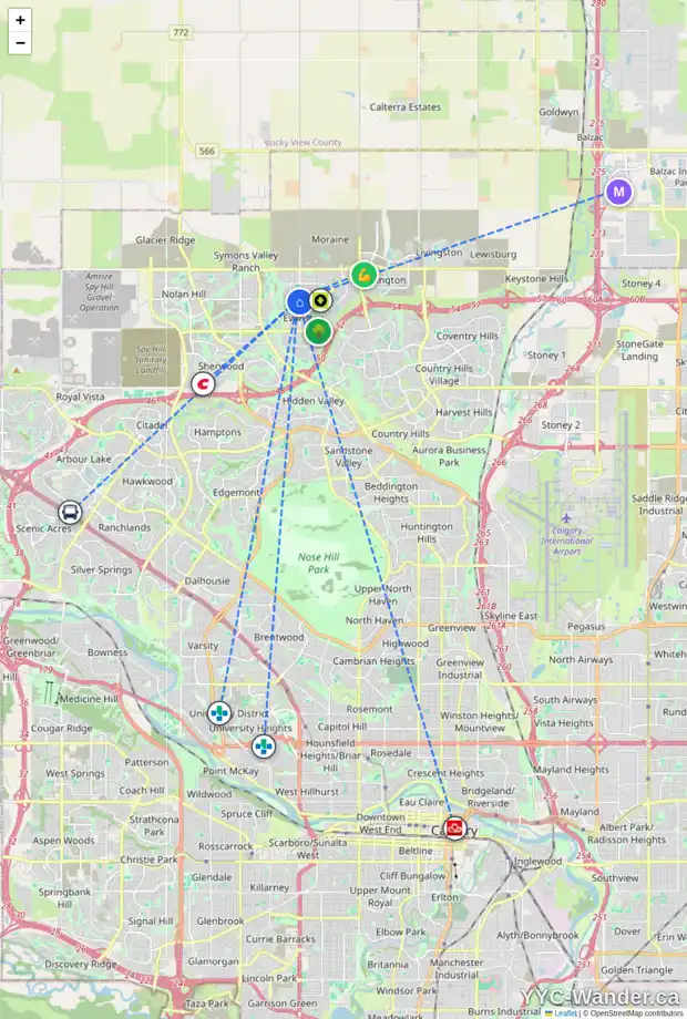Daily accessibility map for 140 EVANSRIDGE CI NW, Calgary showing nearby schools, grocery stores, parks, LRT stations and nearby amenities