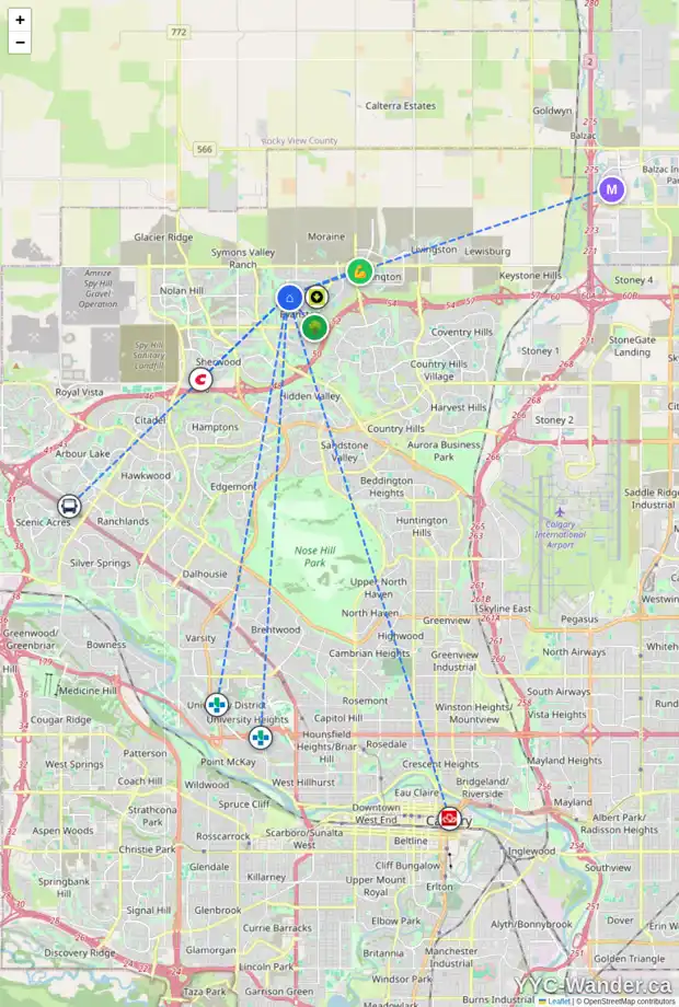 Daily accessibility map for 190 EVANSRIDGE CI NW, Calgary showing nearby schools, grocery stores, parks, LRT stations and nearby amenities