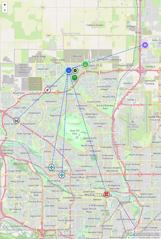Daily accessibility map for 206 EVANSRIDGE CI NW, Calgary showing nearby schools, grocery stores, parks, LRT stations and nearby amenities