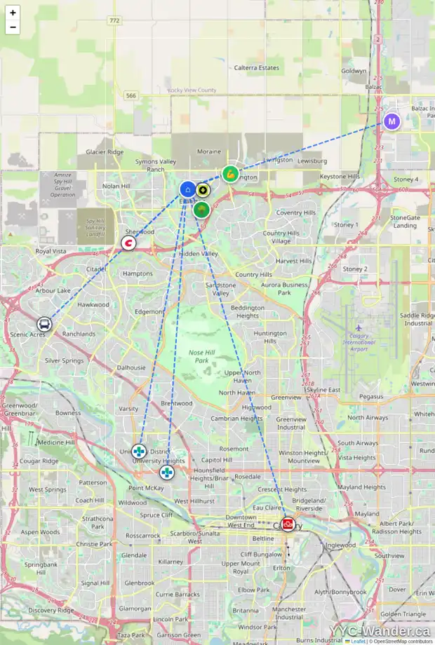 Daily accessibility map for 41 EVANSRIDGE CI NW, Calgary showing nearby schools, grocery stores, parks, LRT stations and nearby amenities
