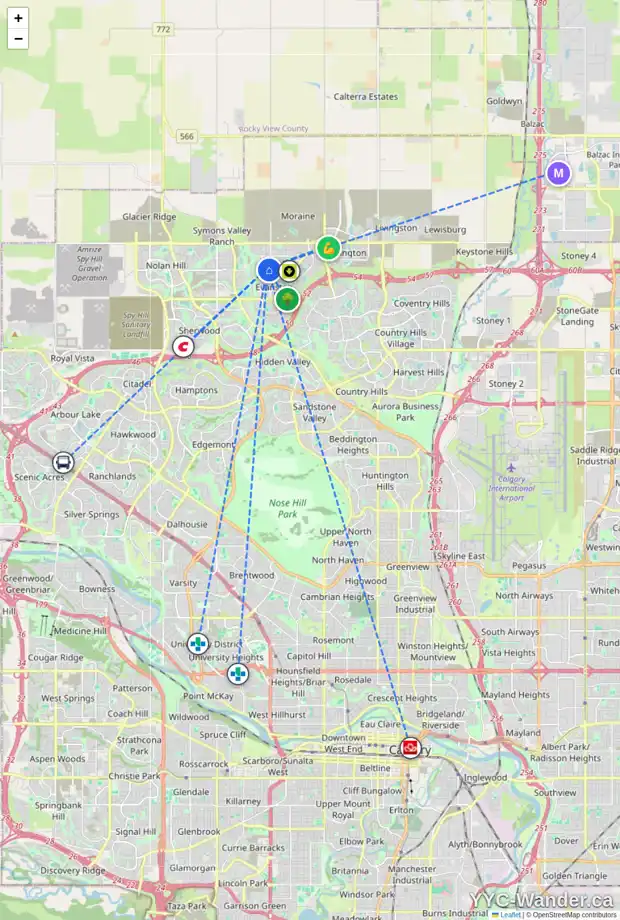 Daily accessibility map for 61 EVANSRIDGE CI NW, Calgary showing nearby schools, grocery stores, parks, LRT stations and nearby amenities
