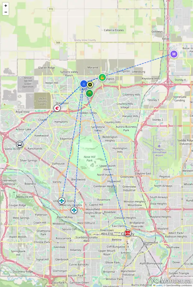 Daily accessibility map for 64 EVANSRIDGE CI NW, Calgary showing nearby schools, grocery stores, parks, LRT stations and nearby amenities