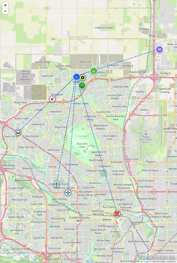 Daily accessibility map for 44 EVANSRIDGE CI NW, Calgary showing nearby schools, grocery stores, parks, LRT stations and nearby amenities