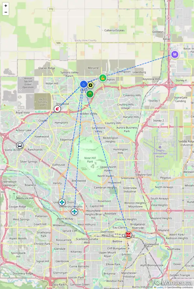 Daily accessibility map for 28 EVANSRIDGE CI NW, Calgary showing nearby schools, grocery stores, parks, LRT stations and nearby amenities