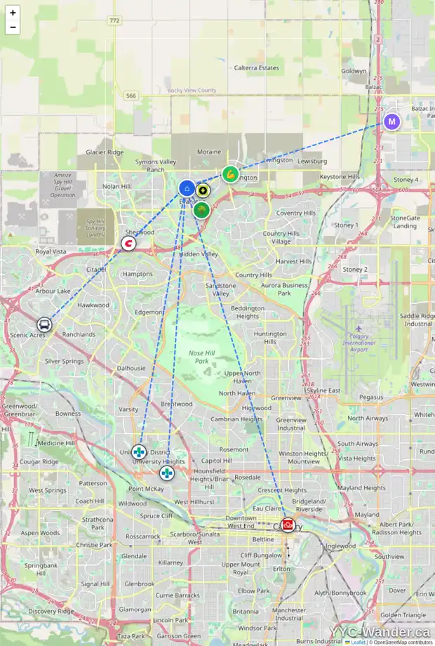 Daily accessibility map for 24 EVANSRIDGE CI NW, Calgary showing nearby schools, grocery stores, parks, LRT stations and nearby amenities