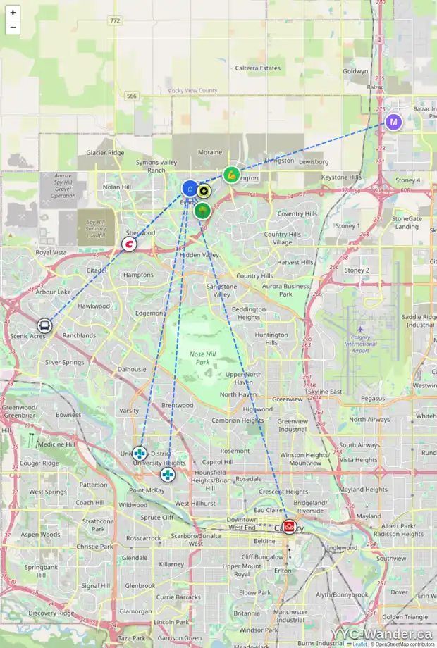 Daily accessibility map for 90 EVANSRIDGE CR NW, Calgary showing nearby schools, grocery stores, parks, LRT stations and nearby amenities