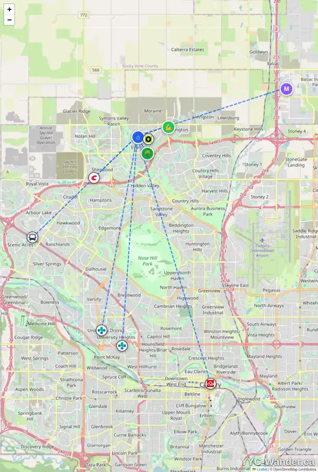 Daily accessibility map for 82 EVANSRIDGE CR NW, Calgary showing nearby schools, grocery stores, parks, LRT stations and nearby amenities