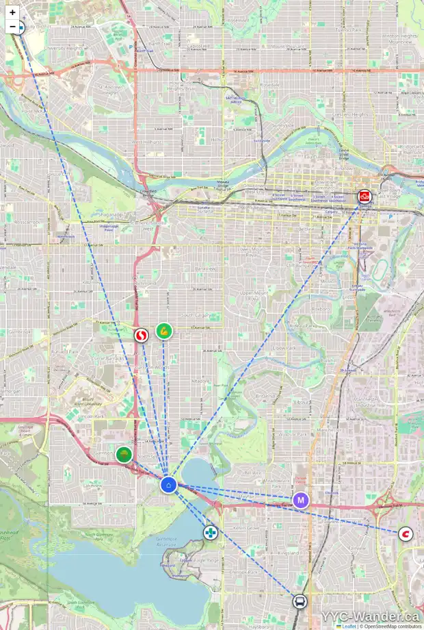 Daily accessibility map for 6403 LAURENTIAN WY SW, Calgary showing nearby schools, grocery stores, parks, LRT stations and nearby amenities