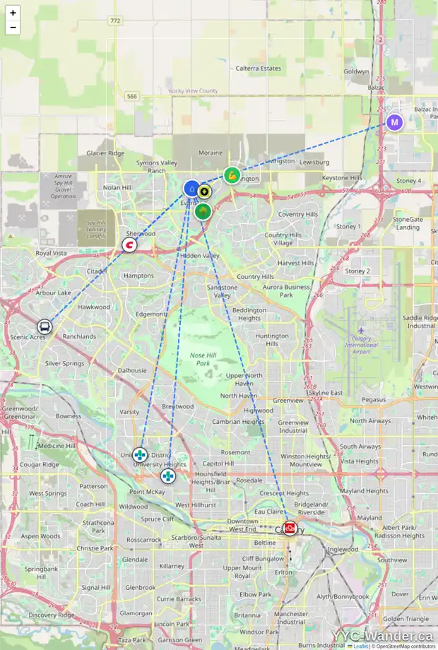 Daily accessibility map for 119 EVANSRIDGE CR NW, Calgary showing nearby schools, grocery stores, parks, LRT stations and nearby amenities
