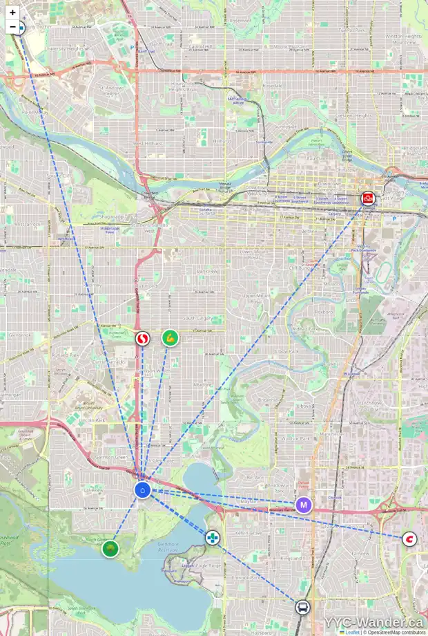 Daily accessibility map for 6419 LOMBARDY CR SW, Calgary showing nearby schools, grocery stores, parks, LRT stations and nearby amenities
