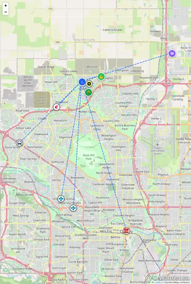 Daily accessibility map for 55 EVANSRIDGE CR NW, Calgary showing nearby schools, grocery stores, parks, LRT stations and nearby amenities