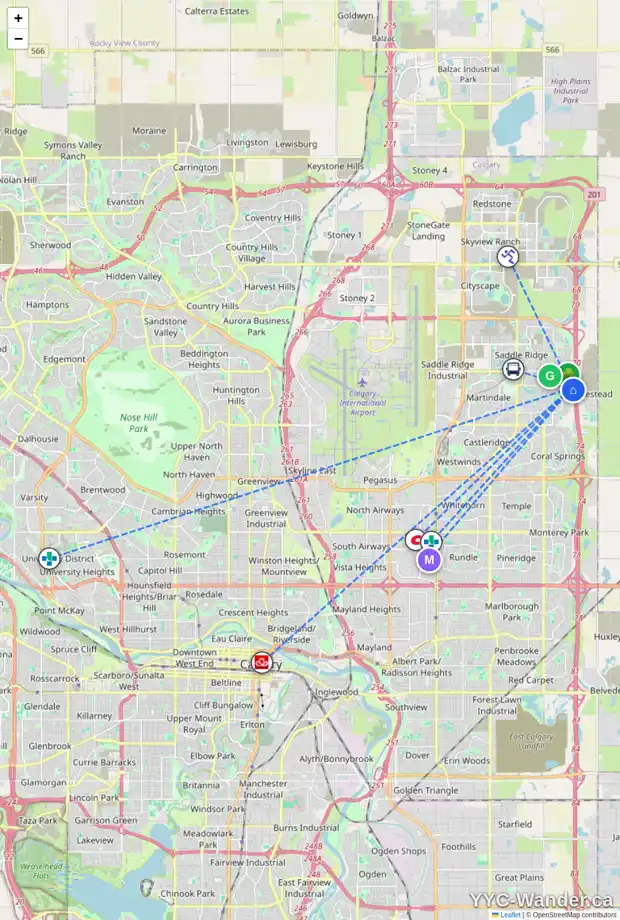 Daily accessibility map for 77 TARALAKE MR NE, Calgary showing nearby schools, grocery stores, parks, LRT stations and nearby amenities