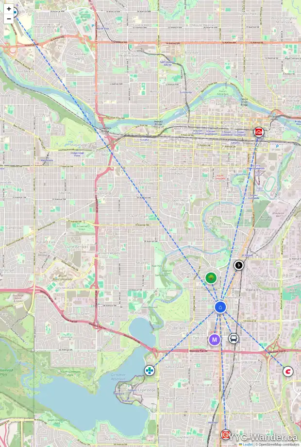 Daily accessibility map for 401 54 AV SW, Calgary showing nearby schools, grocery stores, parks, LRT stations and nearby amenities