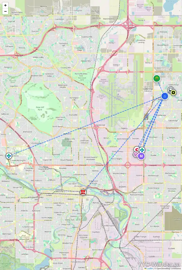 Daily accessibility map for 34 MARTINVALLEY WY NE, Calgary showing nearby schools, grocery stores, parks, LRT stations and nearby amenities