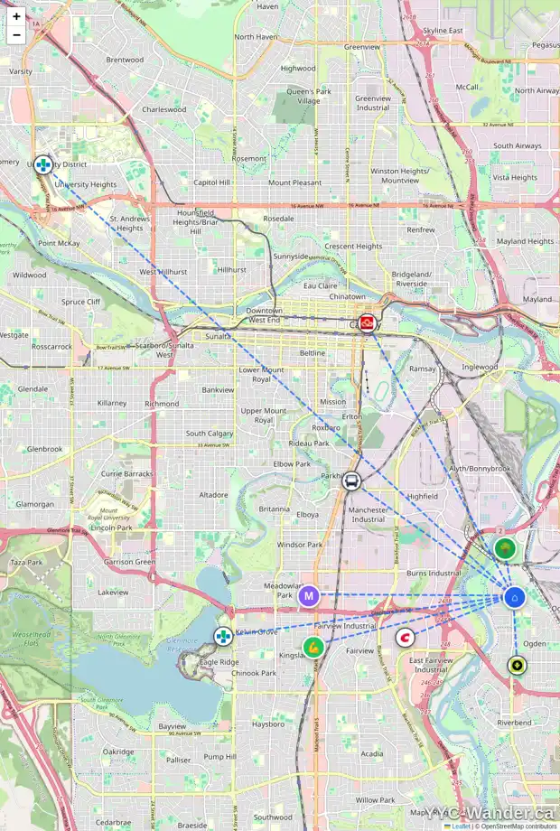 Daily accessibility map for 6415 18A ST SE, Calgary showing nearby schools, grocery stores, parks, LRT stations and nearby amenities