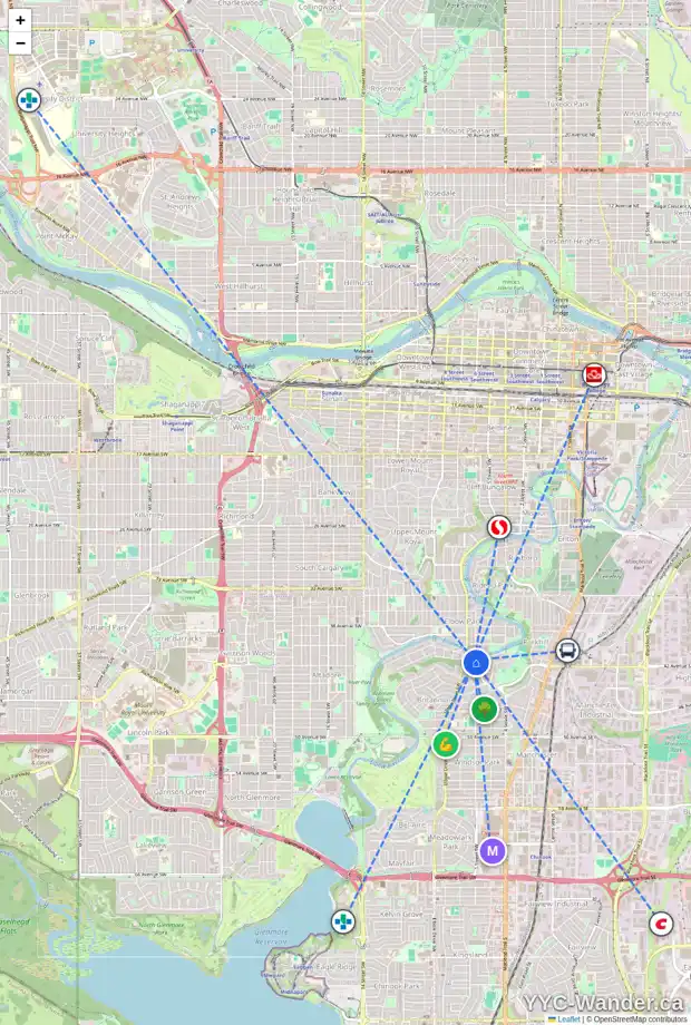 Daily accessibility map for 4211 5A ST SW, Calgary showing nearby schools, grocery stores, parks, LRT stations and nearby amenities
