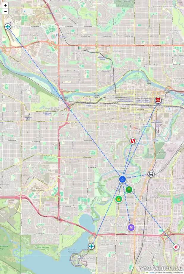 Daily accessibility map for 4225 BRITANNIA LN SW, Calgary showing nearby schools, grocery stores, parks, LRT stations and nearby amenities