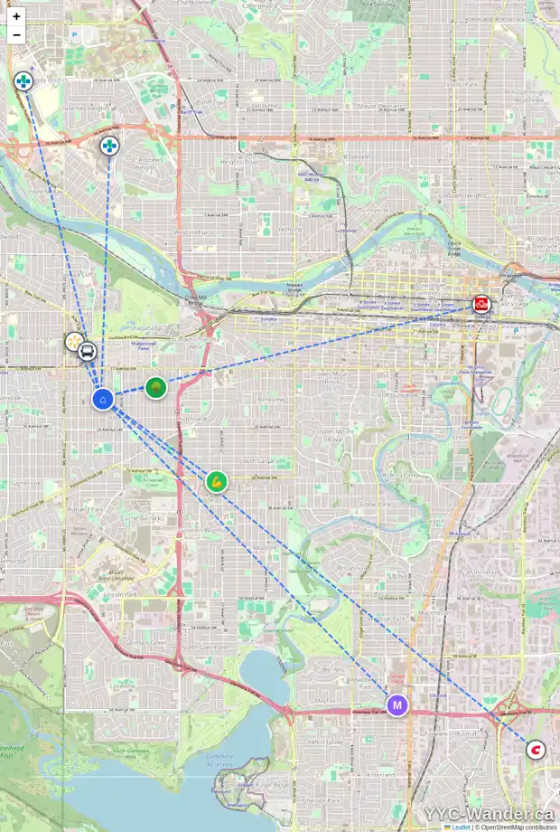 Daily accessibility map for 2216 32 ST SW, Calgary showing nearby schools, grocery stores, parks, LRT stations and nearby amenities