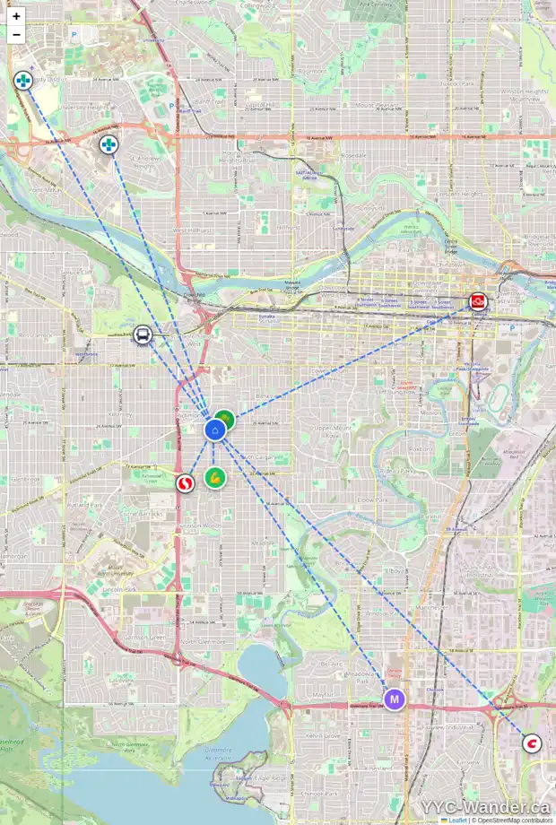 Daily accessibility map for 2124 27 AV SW, Calgary showing nearby schools, grocery stores, parks, LRT stations and nearby amenities