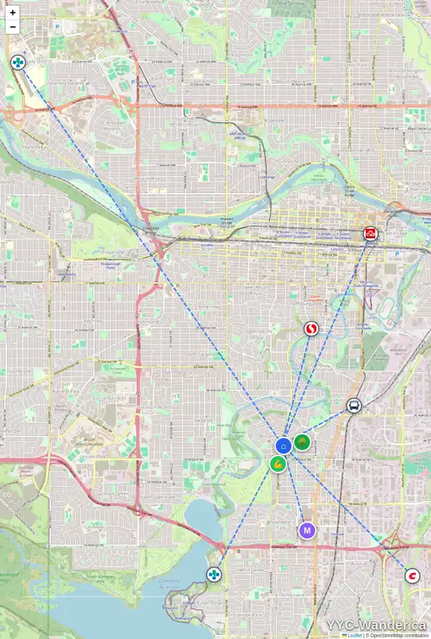 Daily accessibility map for 723 47 AV SW, Calgary showing nearby schools, grocery stores, parks, LRT stations and nearby amenities