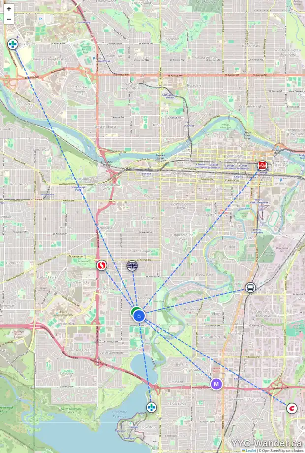 Daily accessibility map for 1743 47 AV SW, Calgary showing nearby schools, grocery stores, parks, LRT stations and nearby amenities